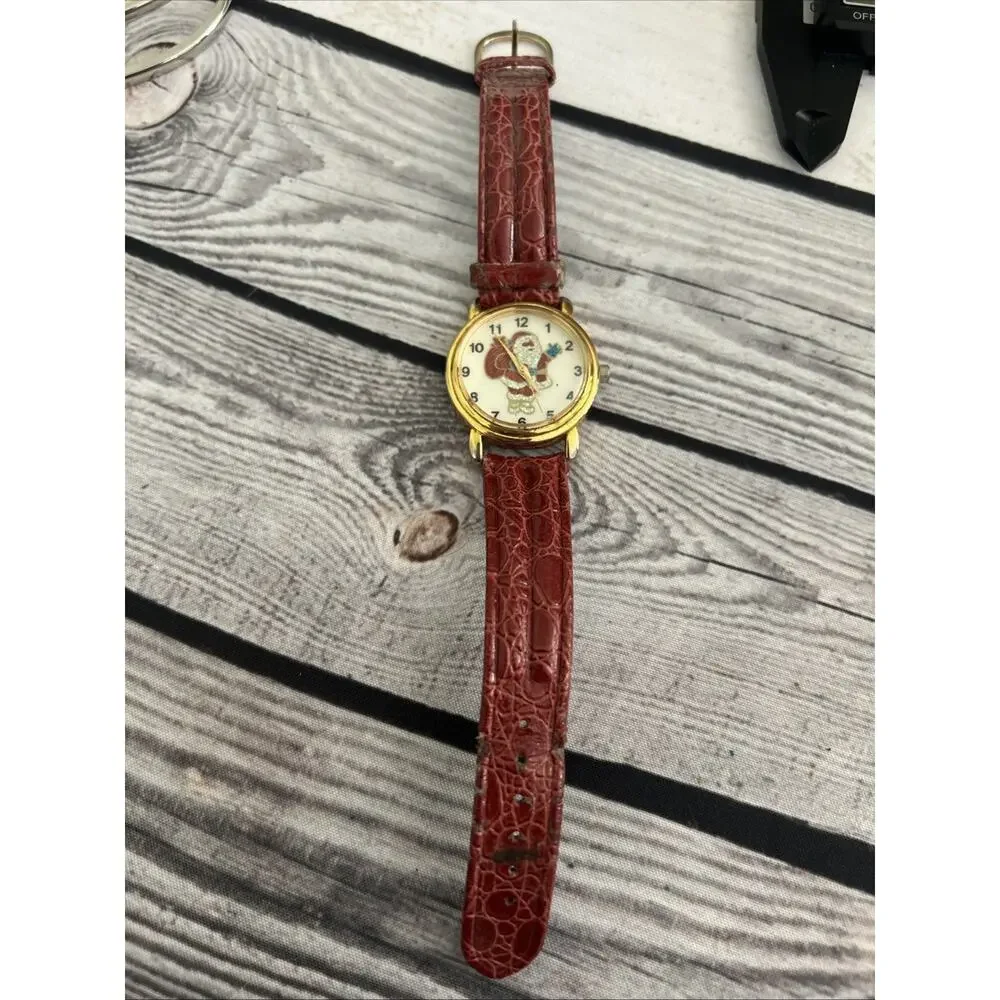 Christmas Santa Claus Gold Tone Red Band Women’s Quartz Watch